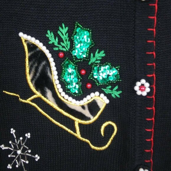 Vtg Christmas Cardigan Sweater Black Beaded BP Design L Grannycore Chic Holiday - Picture 7 of 12